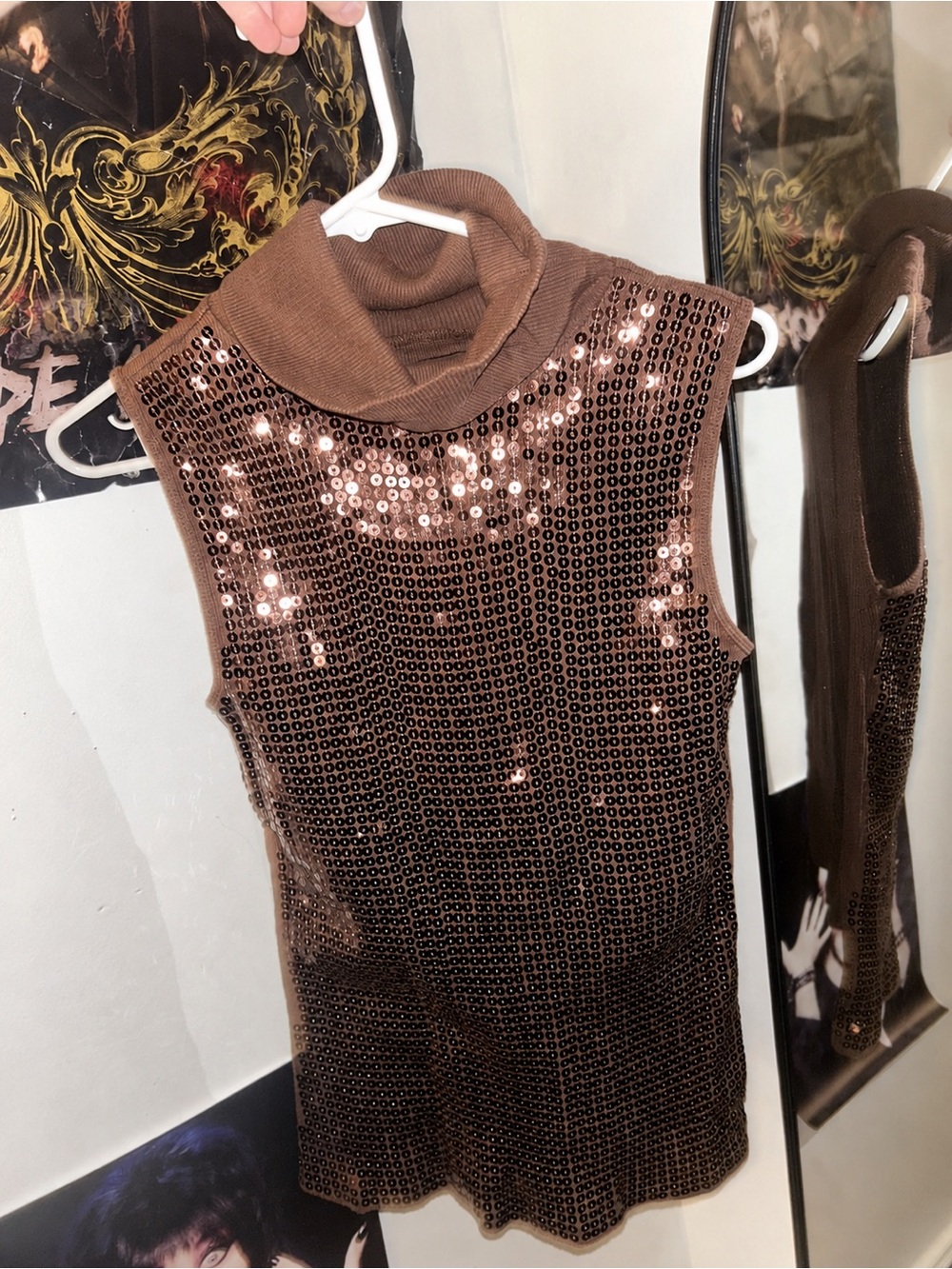 Y2k Brown Sequin Sleeveless Turtleneck Top